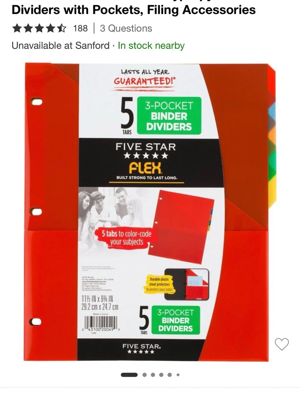 12 sets of Five Star Red 5 tabs with Pocket Flex Binder Dividers (5 Tabs)